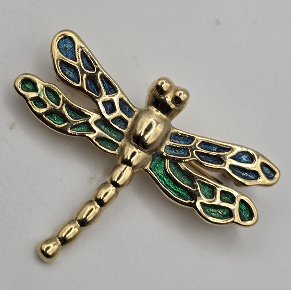 Vintage Roman Dragonfly Pin Brooch Gold Tone Blue Green Enamel - Picture 5 of 6
